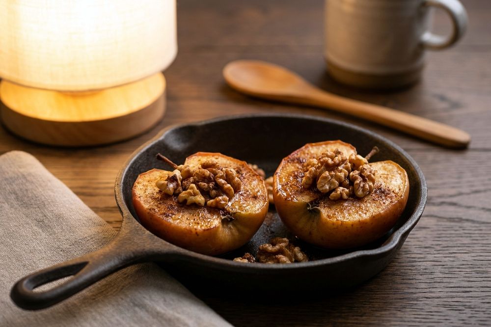 Baked apple halves filled with walnuts and cinnamon in a small dish