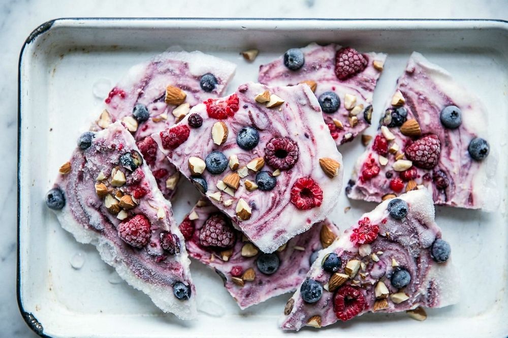 Shards of frozen yogurt bark studded with berries and almonds