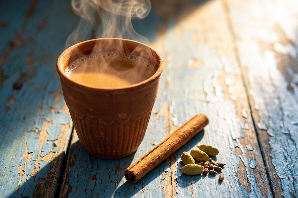 Masala chai in a clay cup with whole spices