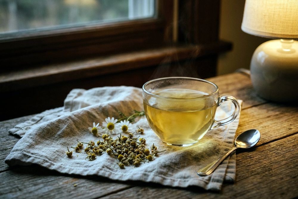 Glass cup of pale gold chamomile tea with dried flowers beside it