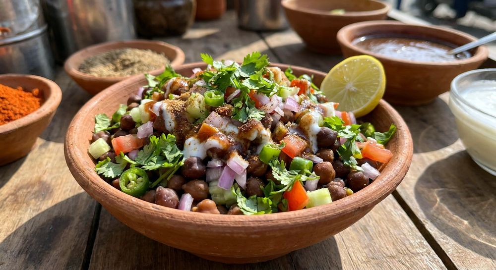 Kala chana chaat in a clay bowl with lemon wedge