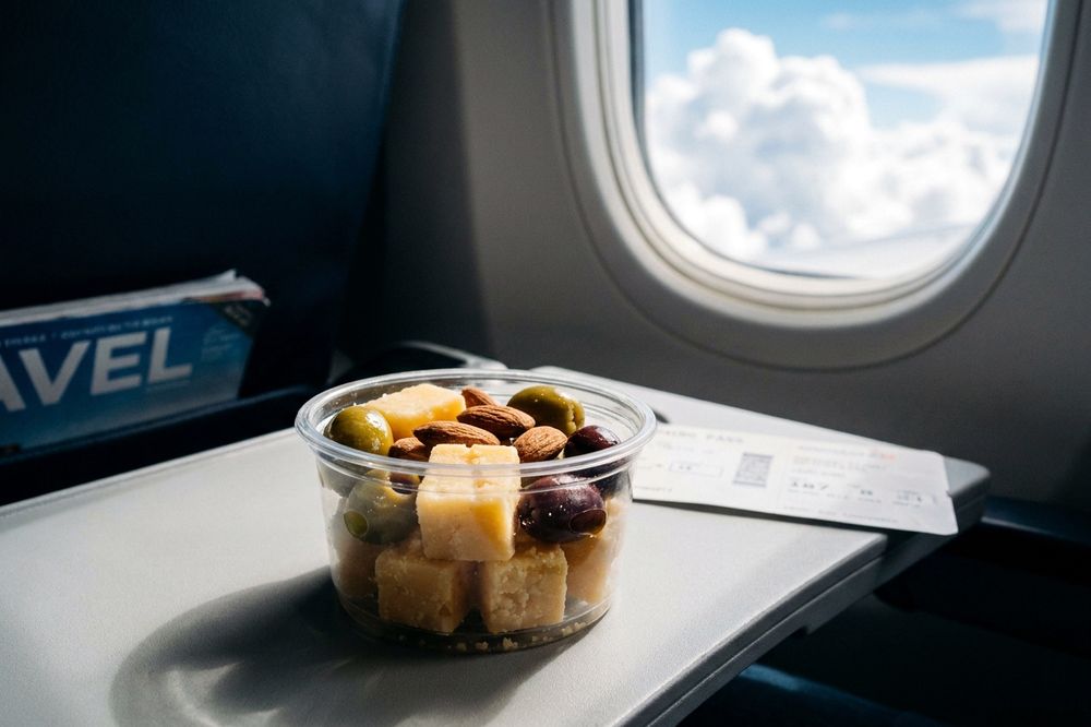 Cheese and nuts in a travel container on an airplane tray table