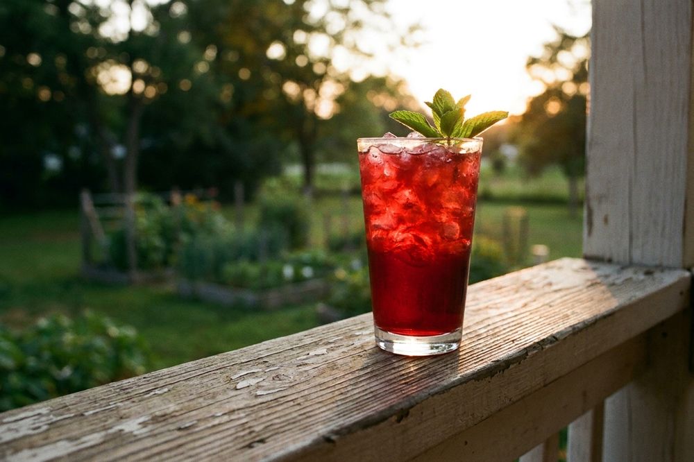 Deep red tart cherry cooler over ice with a sprig of mint