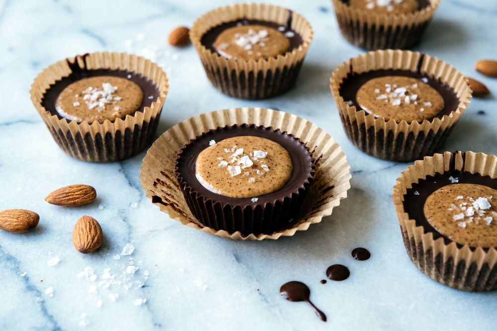Dark chocolate cups filled with almond butter and topped with flaky salt