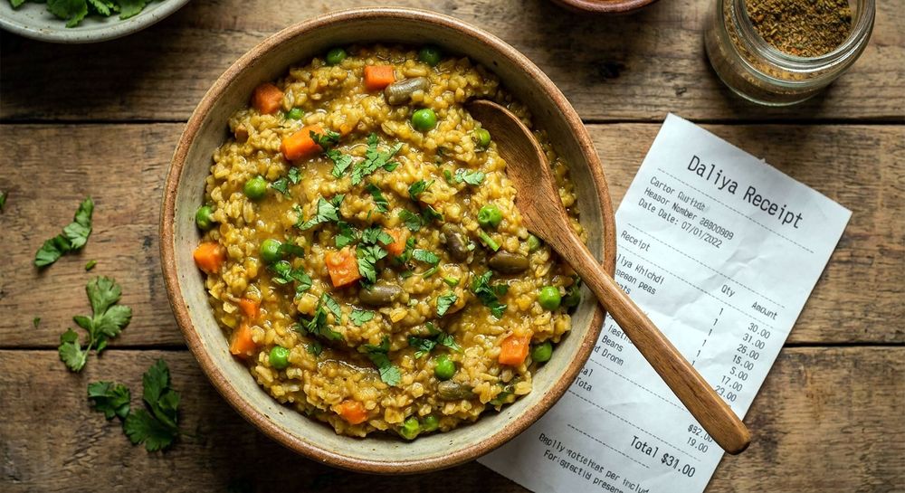 Steaming bowl of vegetable daliya khichdi
