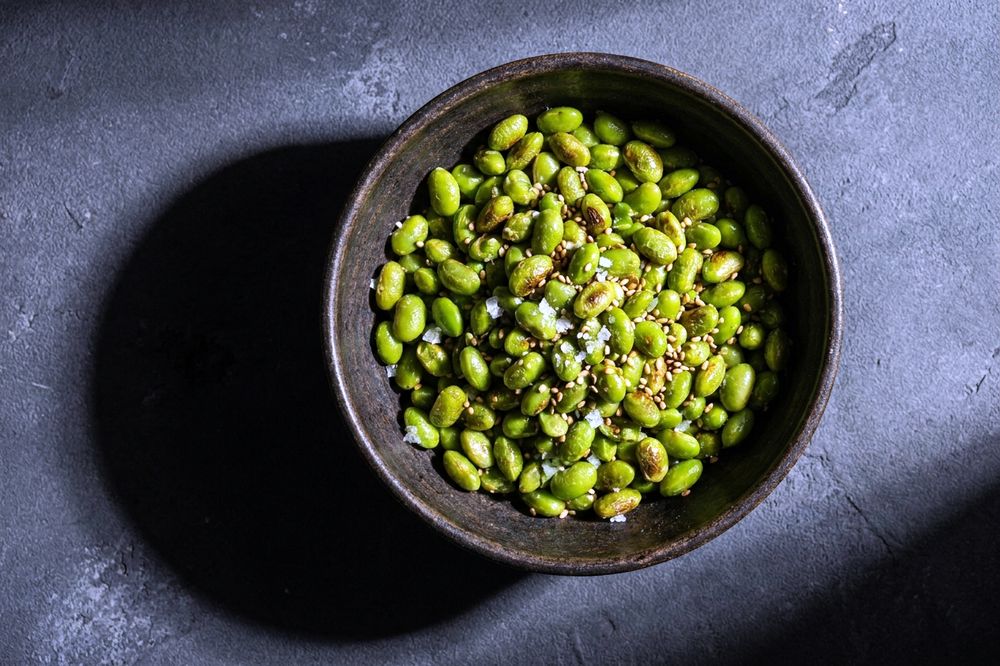 Crunchy roasted edamame beans with sea salt in a bowl