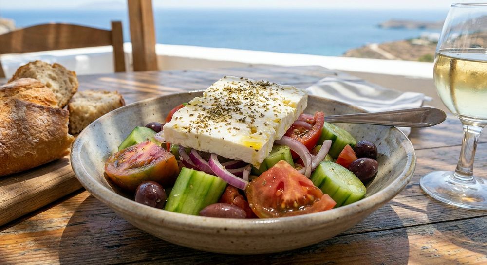 Greek salad with feta, olives, tomato and cucumber