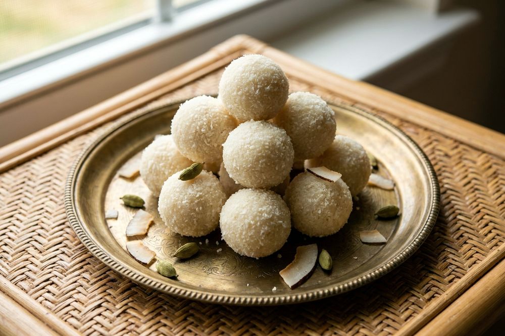Coconut ladoo balls rolled in desiccated coconut on a brass plate