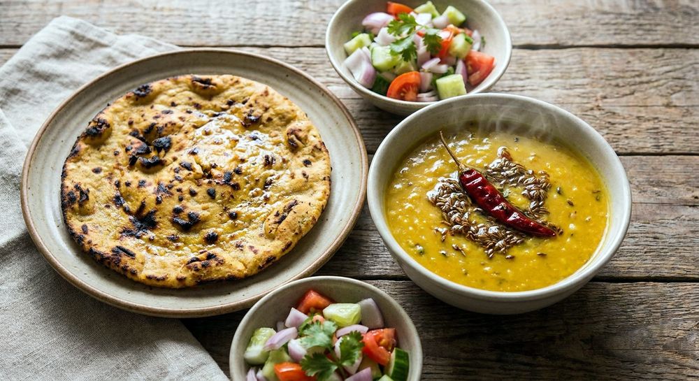 Missi roti with a bowl of dal tadka
