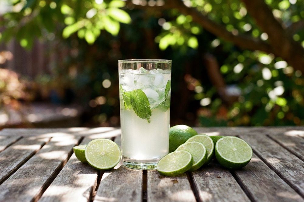 Glass of lime water with mint leaves and ice