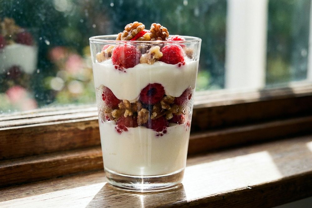 Layered yogurt, berry and walnut parfait