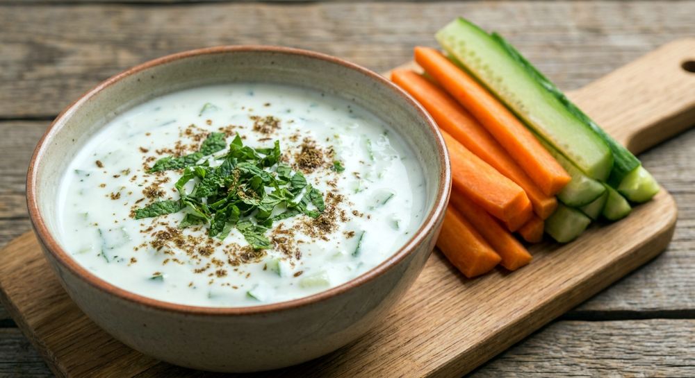 Cucumber raita with mint and vegetable sticks