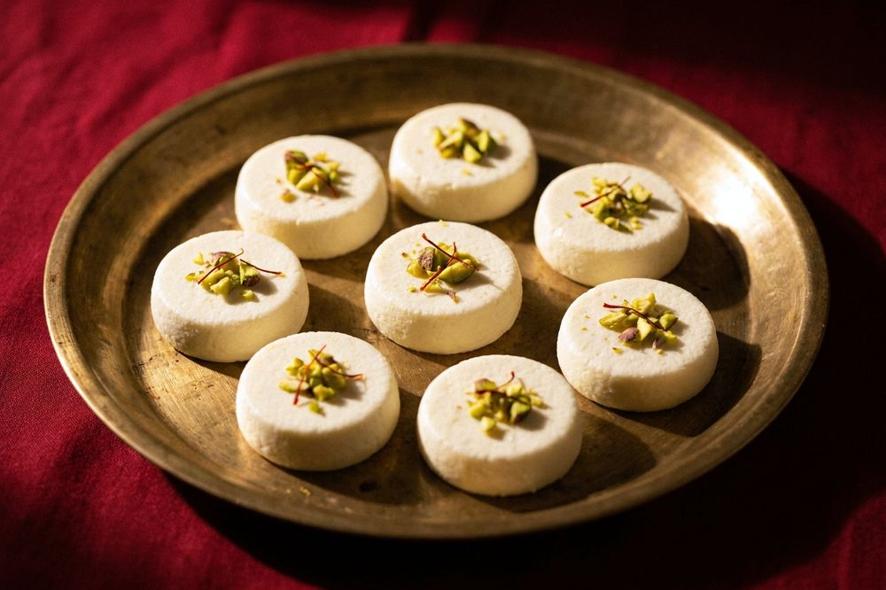 Small discs of paneer sandesh topped with pistachio and saffron