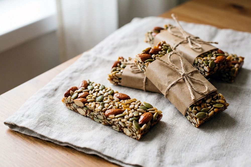 Cut almond and seed bars wrapped in parchment paper