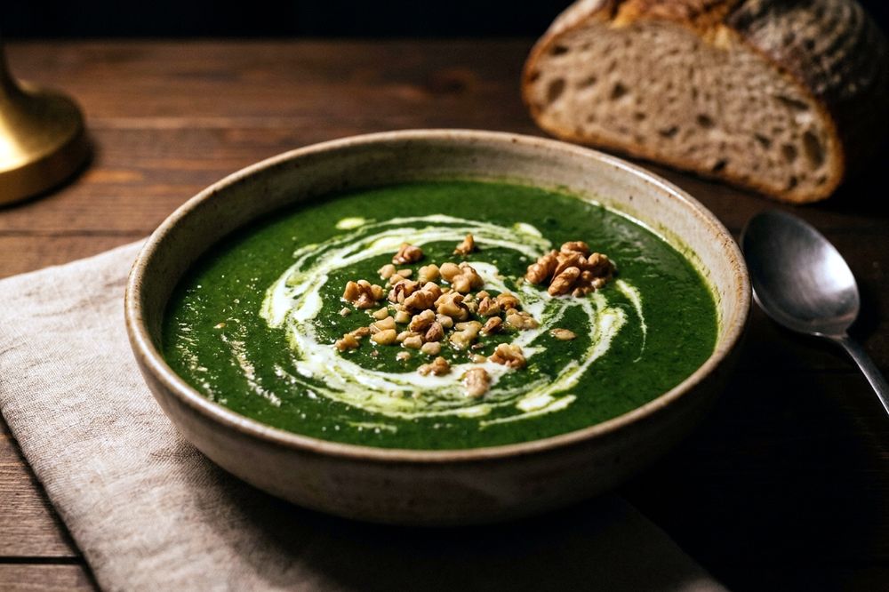 Deep green spinach and walnut soup in a rustic bowl