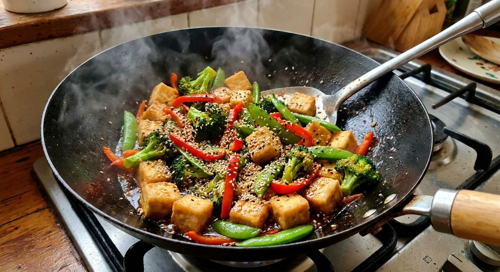 Tofu and vegetable stir fry in a wok