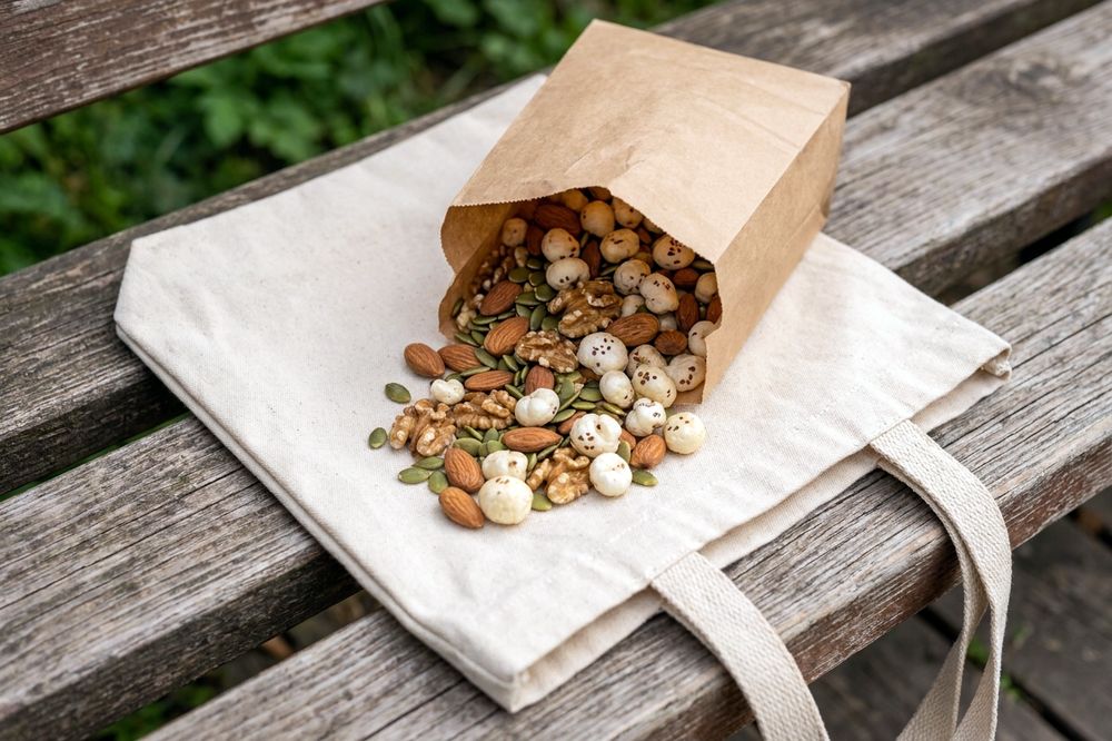Savory trail mix of nuts, seeds and roasted fox nuts in a paper bag