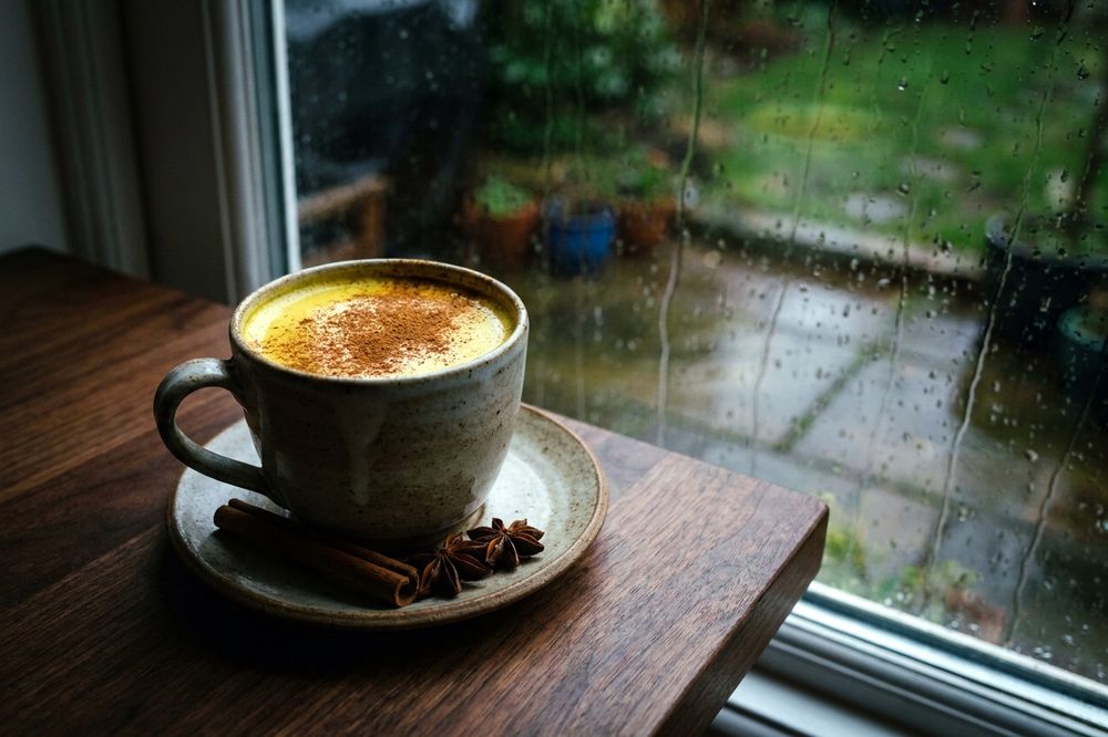 Mug of golden turmeric milk with a dusting of cinnamon